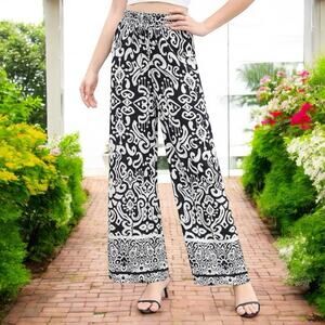 NEW We Love Wide Leg Elastic High Waist Printed Boho Hippie Palazzo Pants M N…
